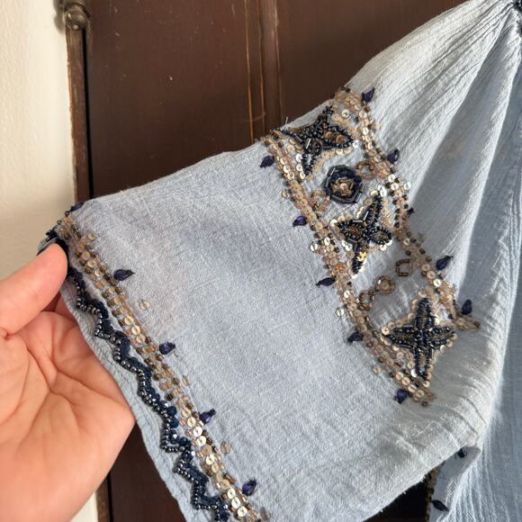 CALYPSO ST. BARTH | Blue Gauze Beaded Boho Peasant Top Short Sleeve  Medium - Picture 3 of 9